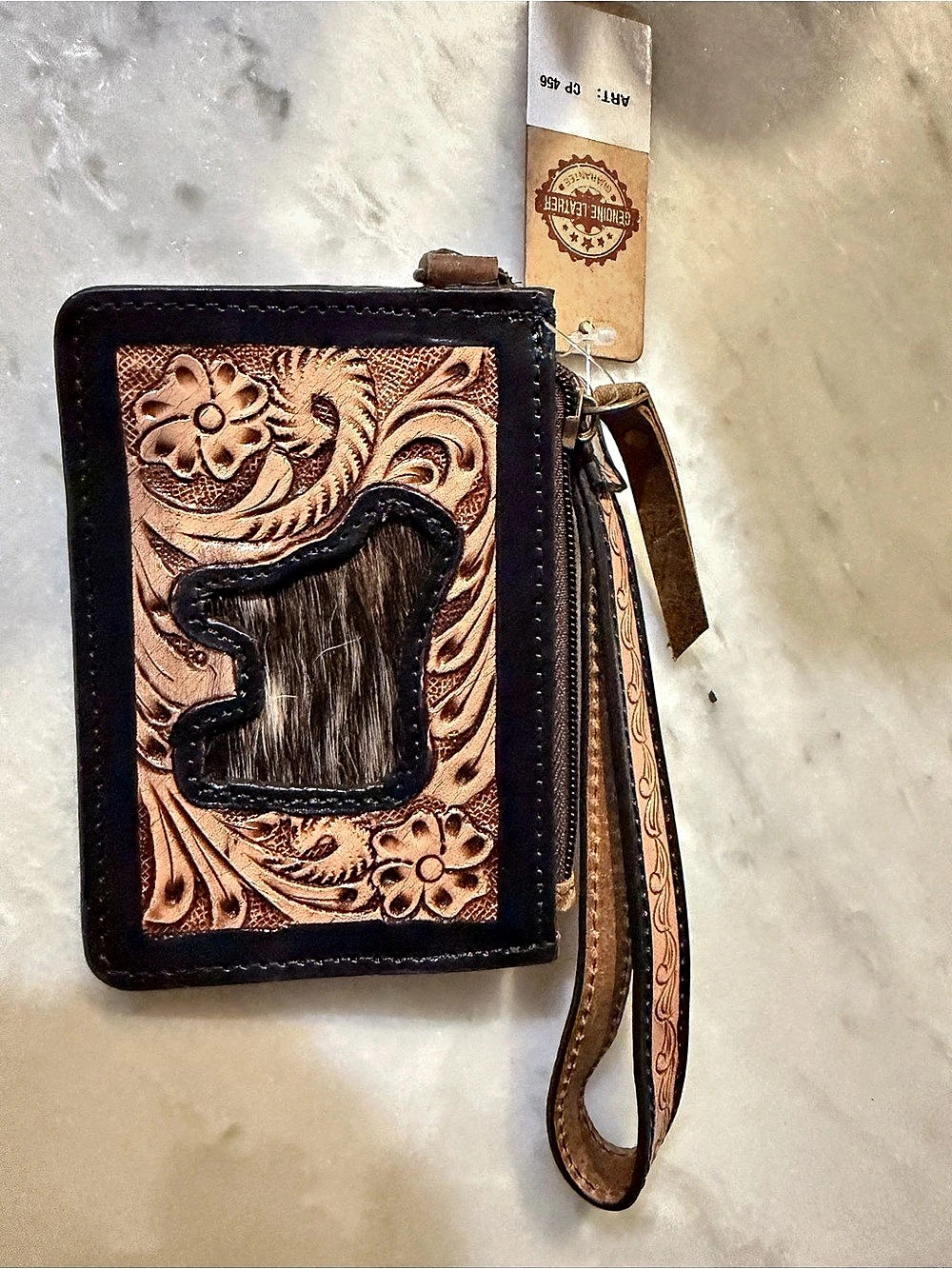 Tooled Leather Wristlet Wallet in Brown & Black